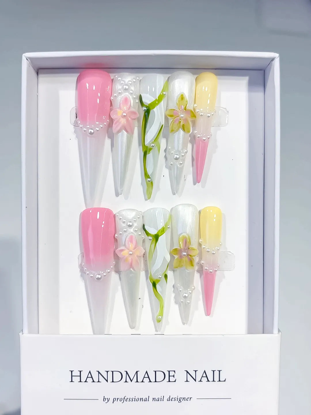 Long White Pink Stiletto Abstract Flower Pearl