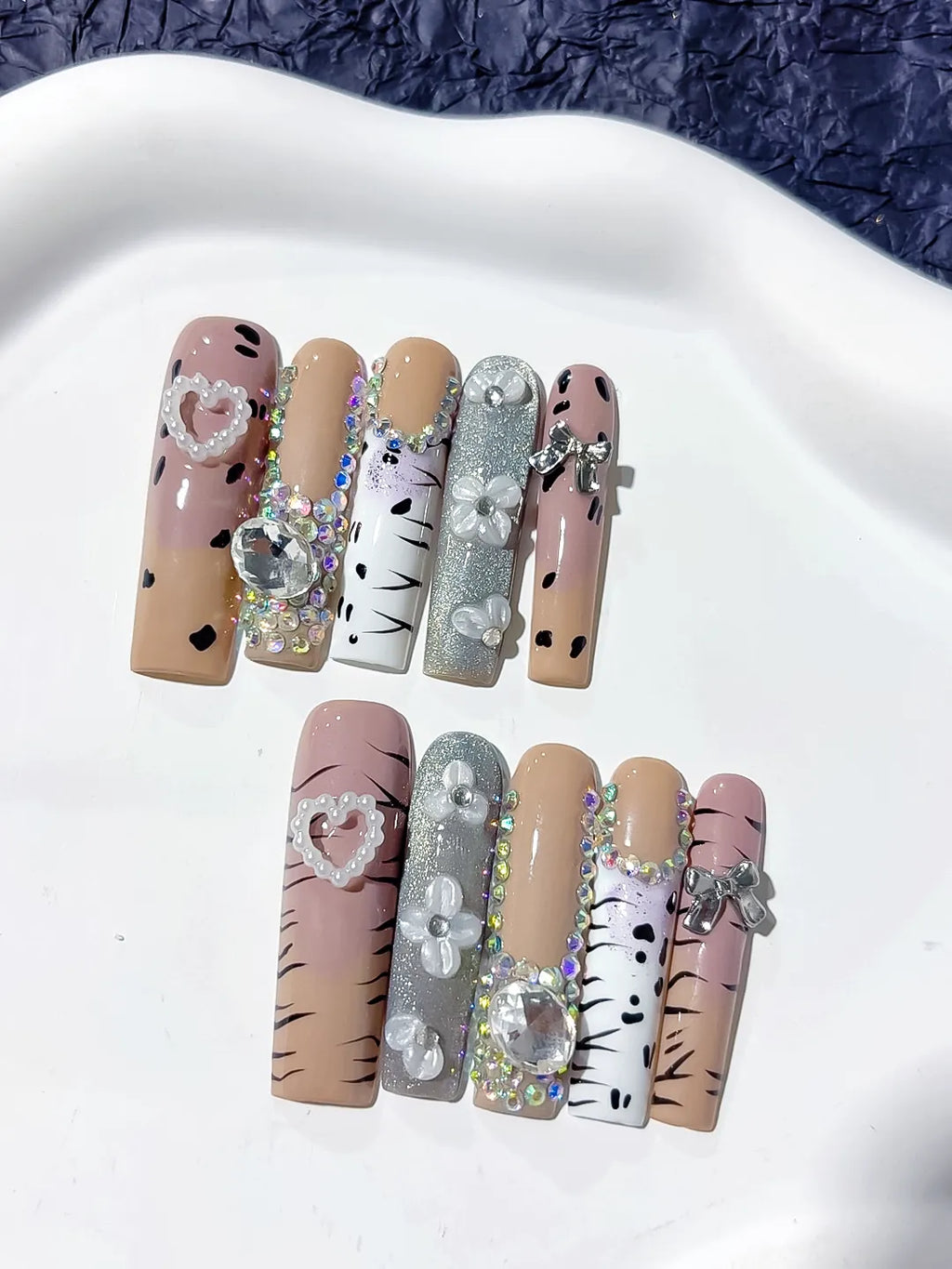 Long Nude White Square Glitter Heart Bow