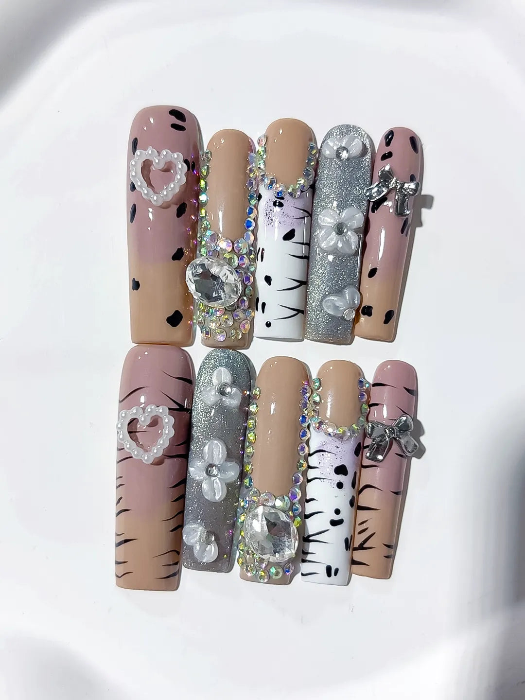 Long Nude White Square Glitter Heart Bow