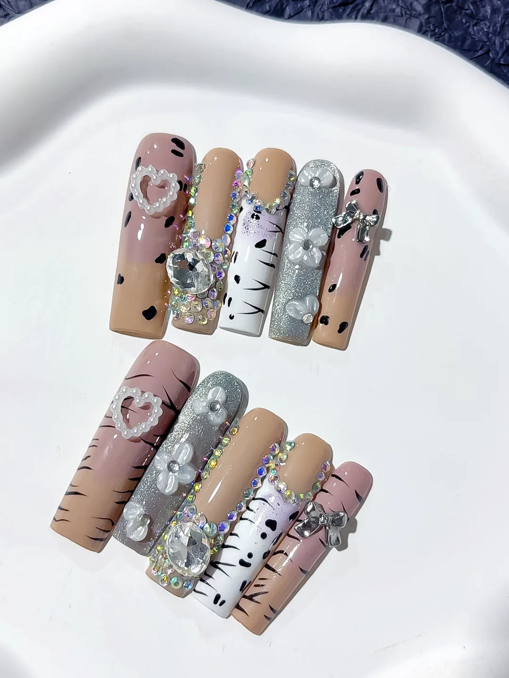 Long Nude White Square Glitter Heart Bow