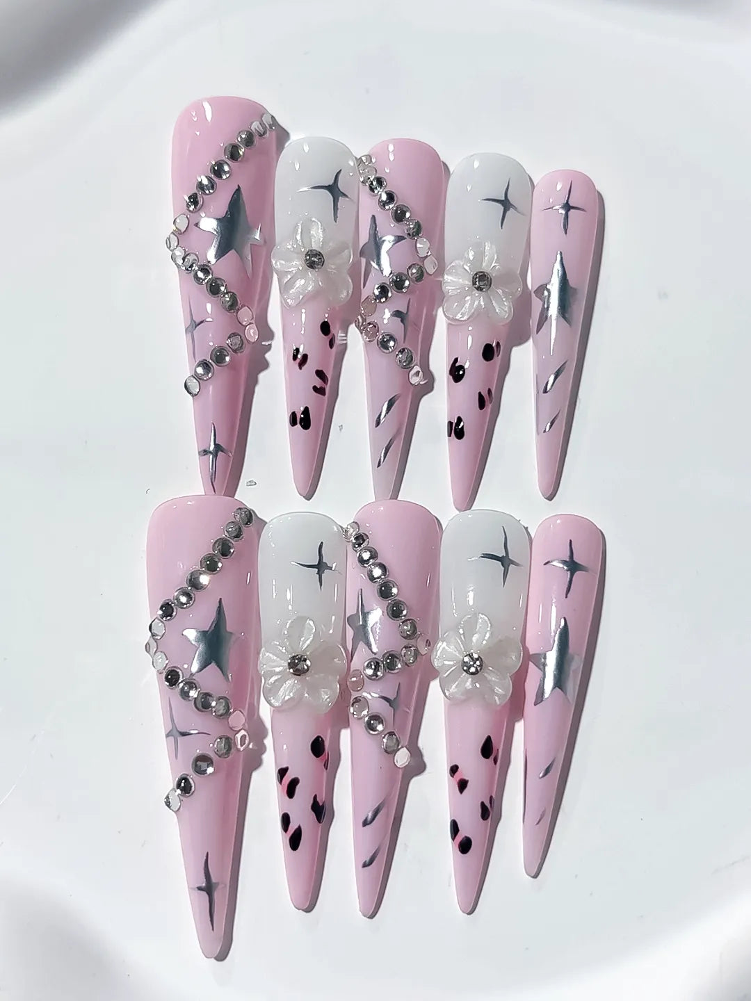 Long Pink White Stiletto Abstract Star Flower