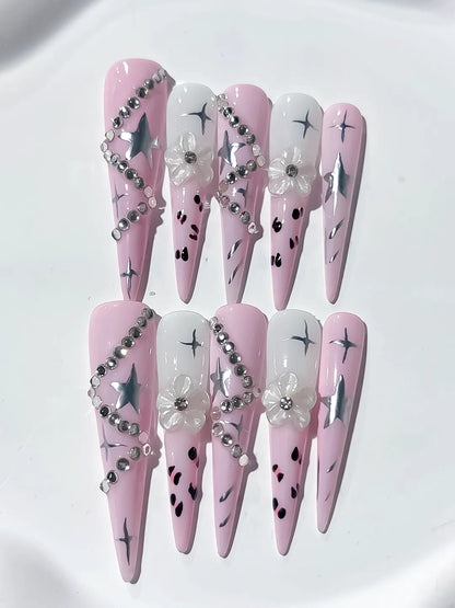 Long Pink White Stiletto Abstract Star Flower