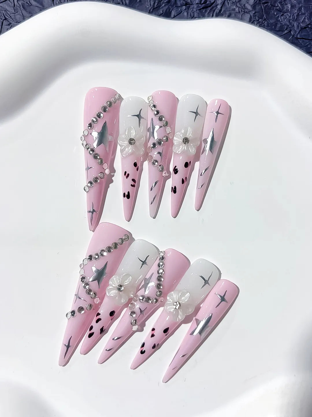 Long Pink White Stiletto Abstract Star Flower
