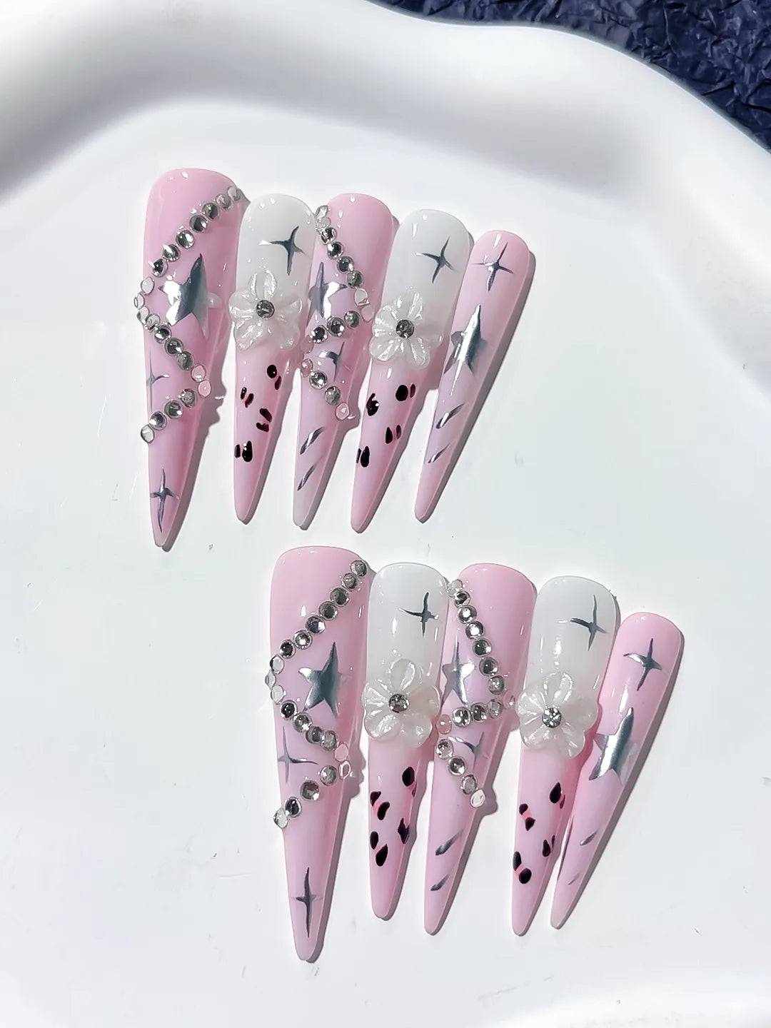 Long Pink White Stiletto Abstract Star Flower