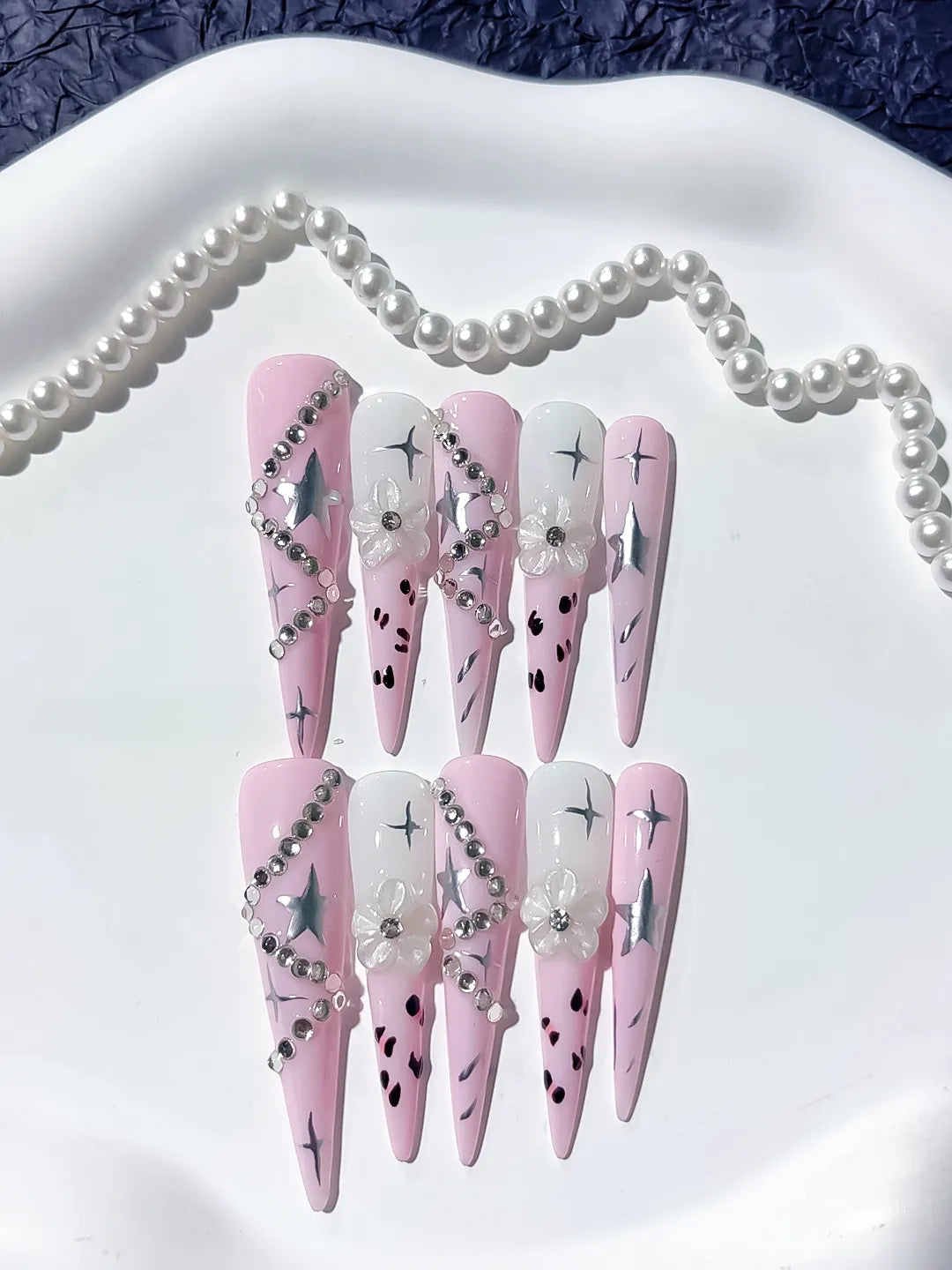Long Pink White Stiletto Abstract Star Flower