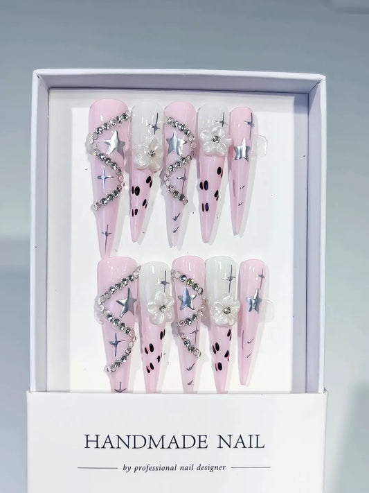 Long Pink White Stiletto Abstract Star Flower