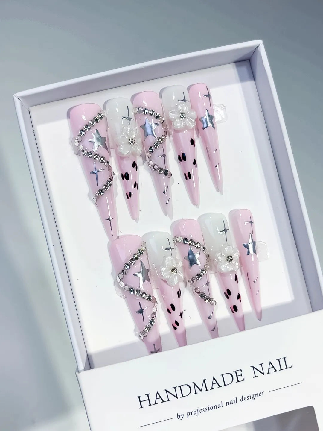 Long Pink White Stiletto Abstract Star Flower