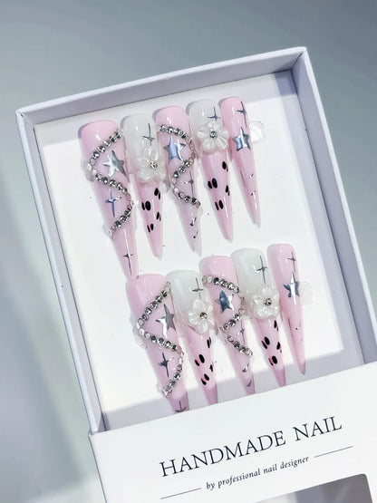 Long Pink White Stiletto Abstract Star Flower