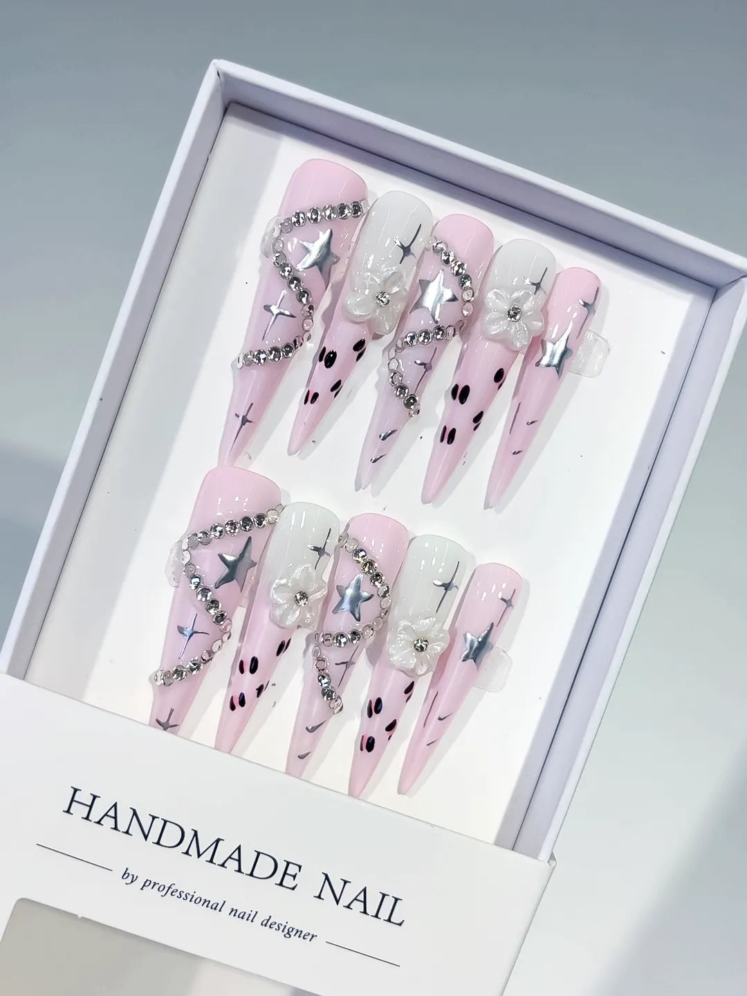 Long Pink White Stiletto Abstract Star Flower