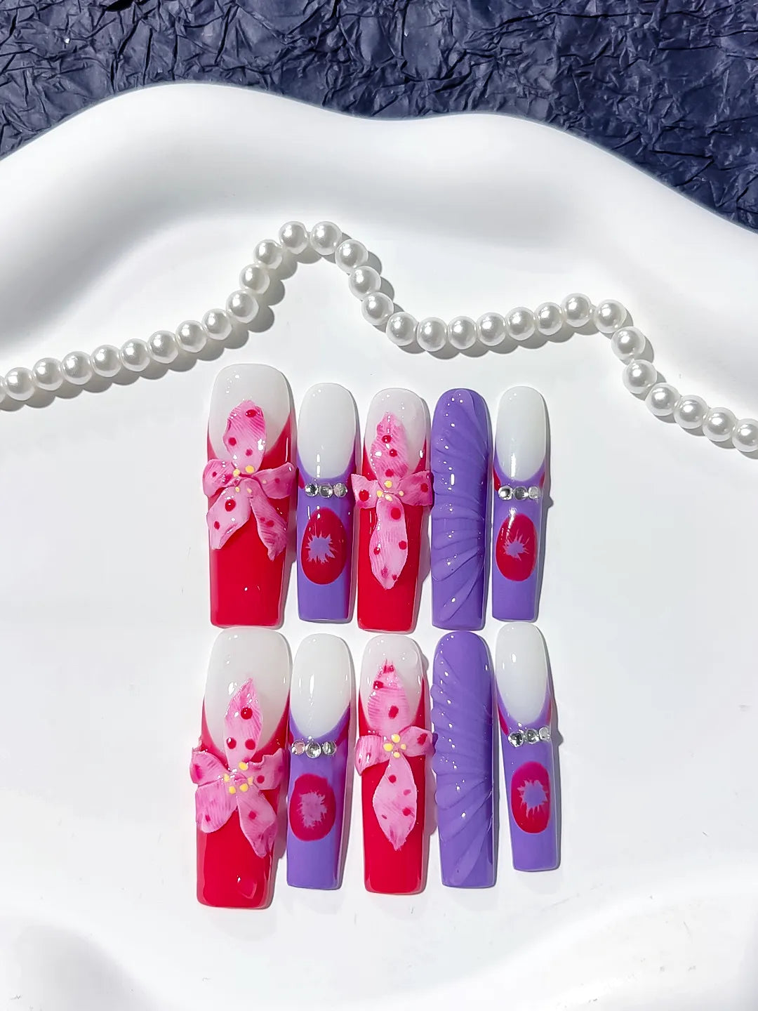 Long Pink White Square Abstract Flower Rhinestone