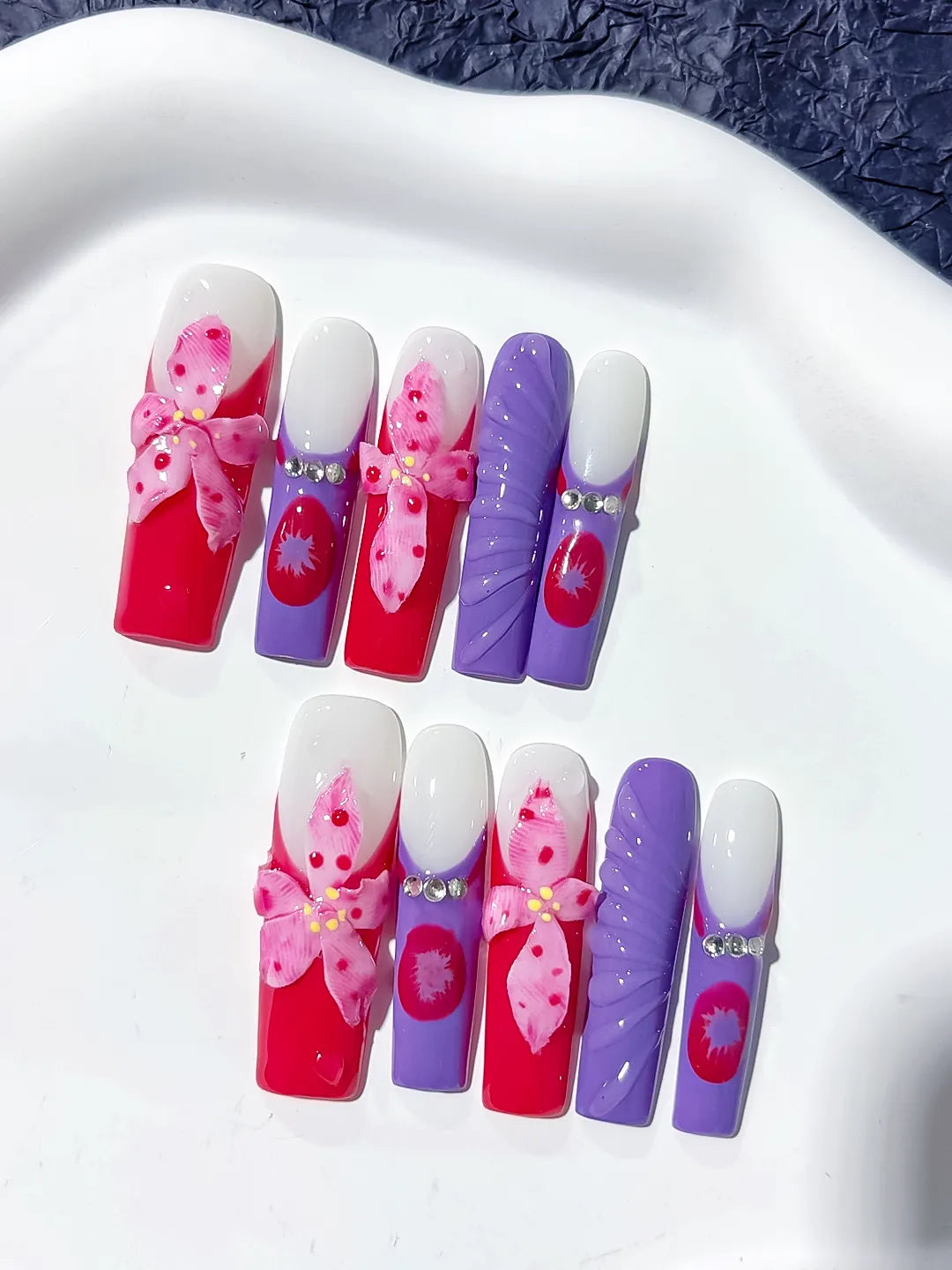 Long Pink White Square Abstract Flower Rhinestone