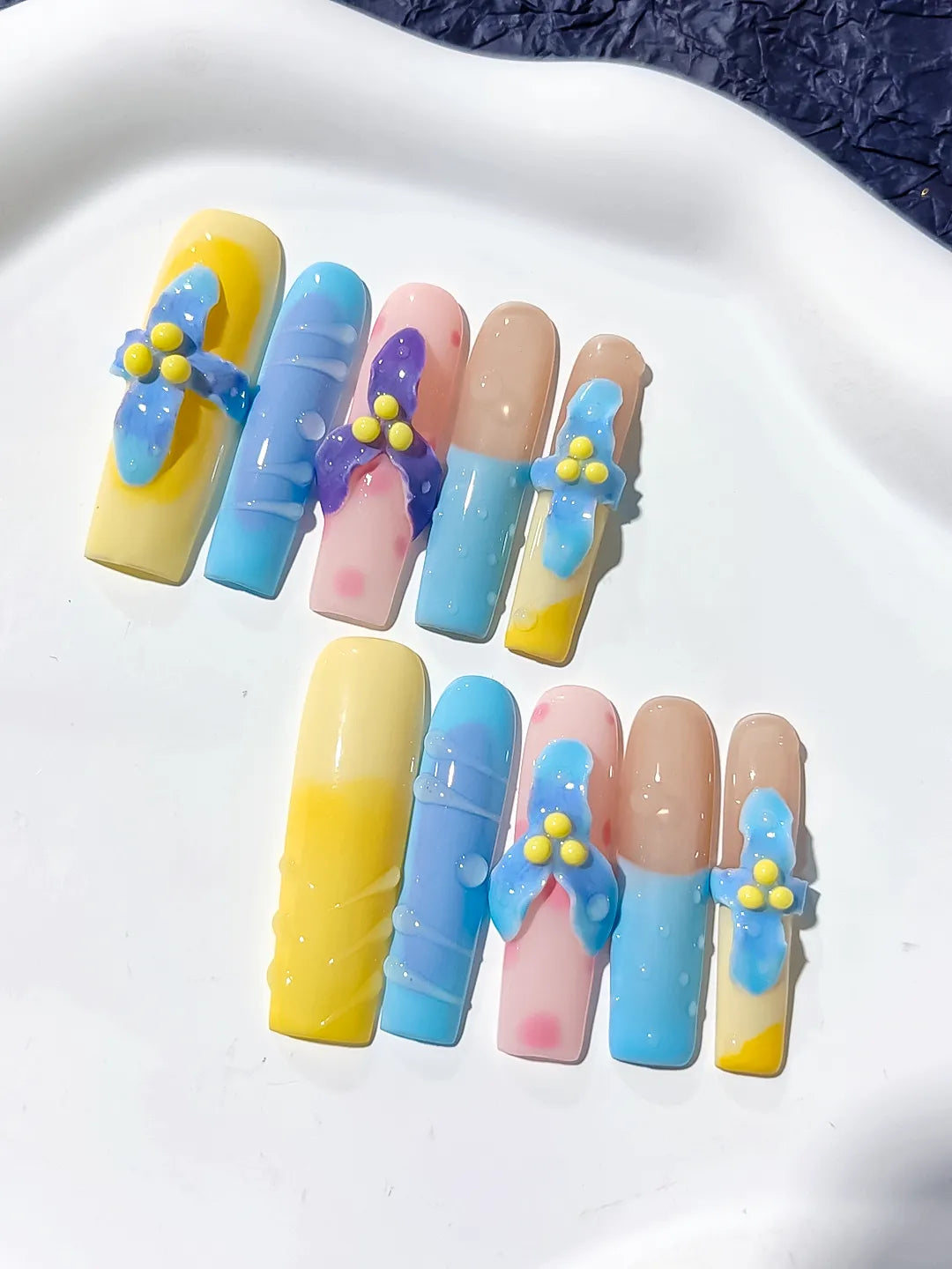 Long Yellow Blue Square Abstract Bow Flower