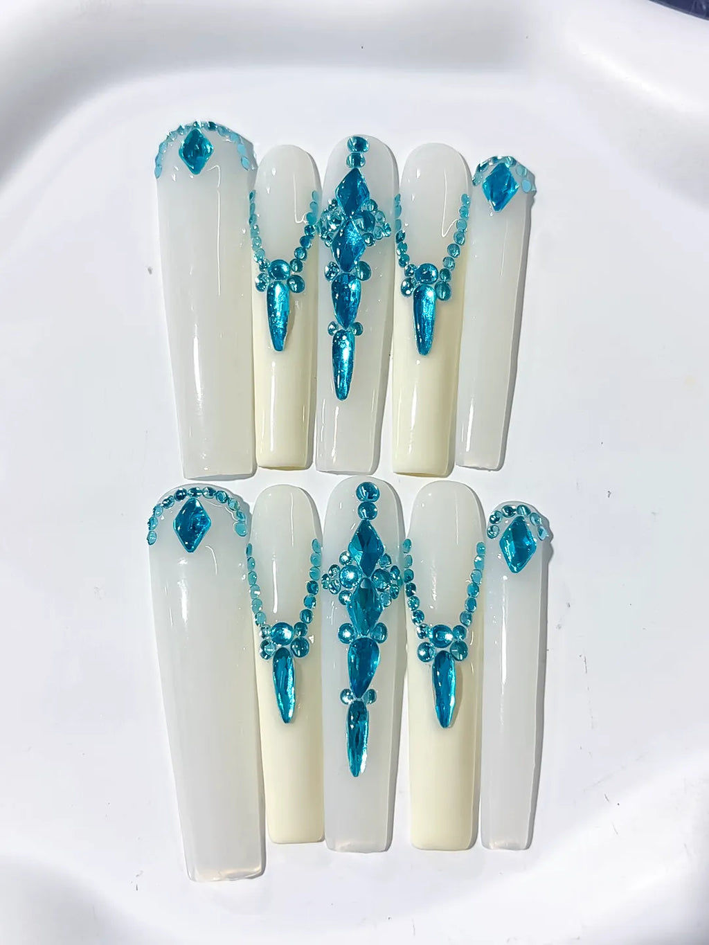Long White Blue Square Solid color Rhinestone Chain
