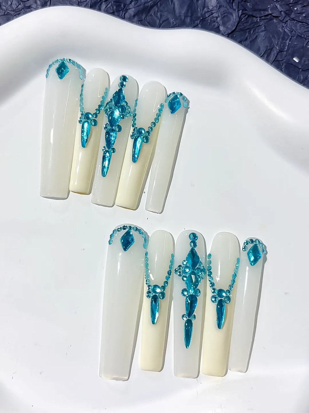 Long White Blue Square Solid color Rhinestone Chain