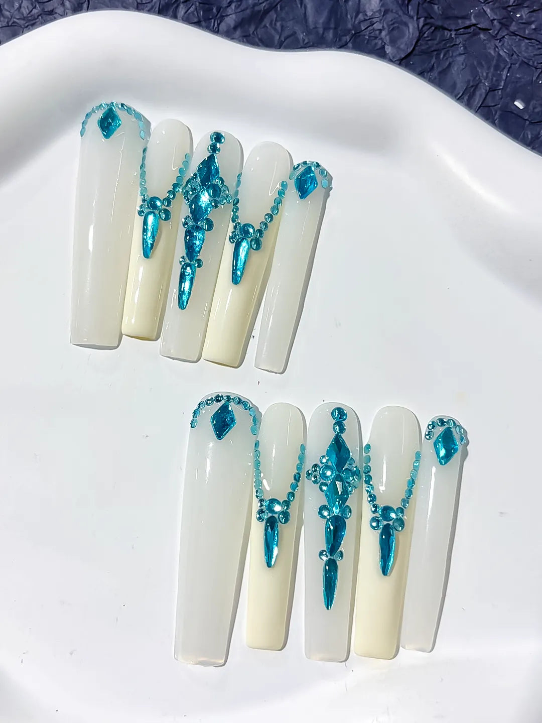 Long White Blue Square Solid color Rhinestone Chain