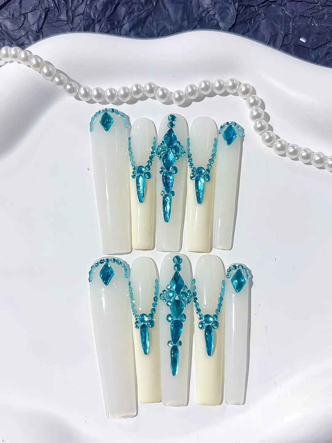 Long White Blue Square Solid color Rhinestone Chain