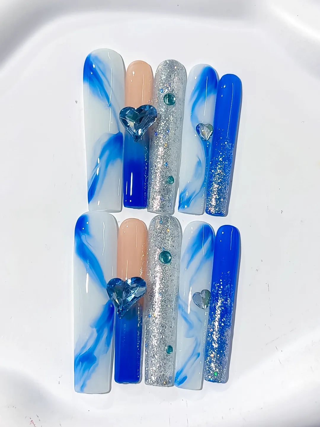 Long Blue White Square Abstract Heart Glitter
