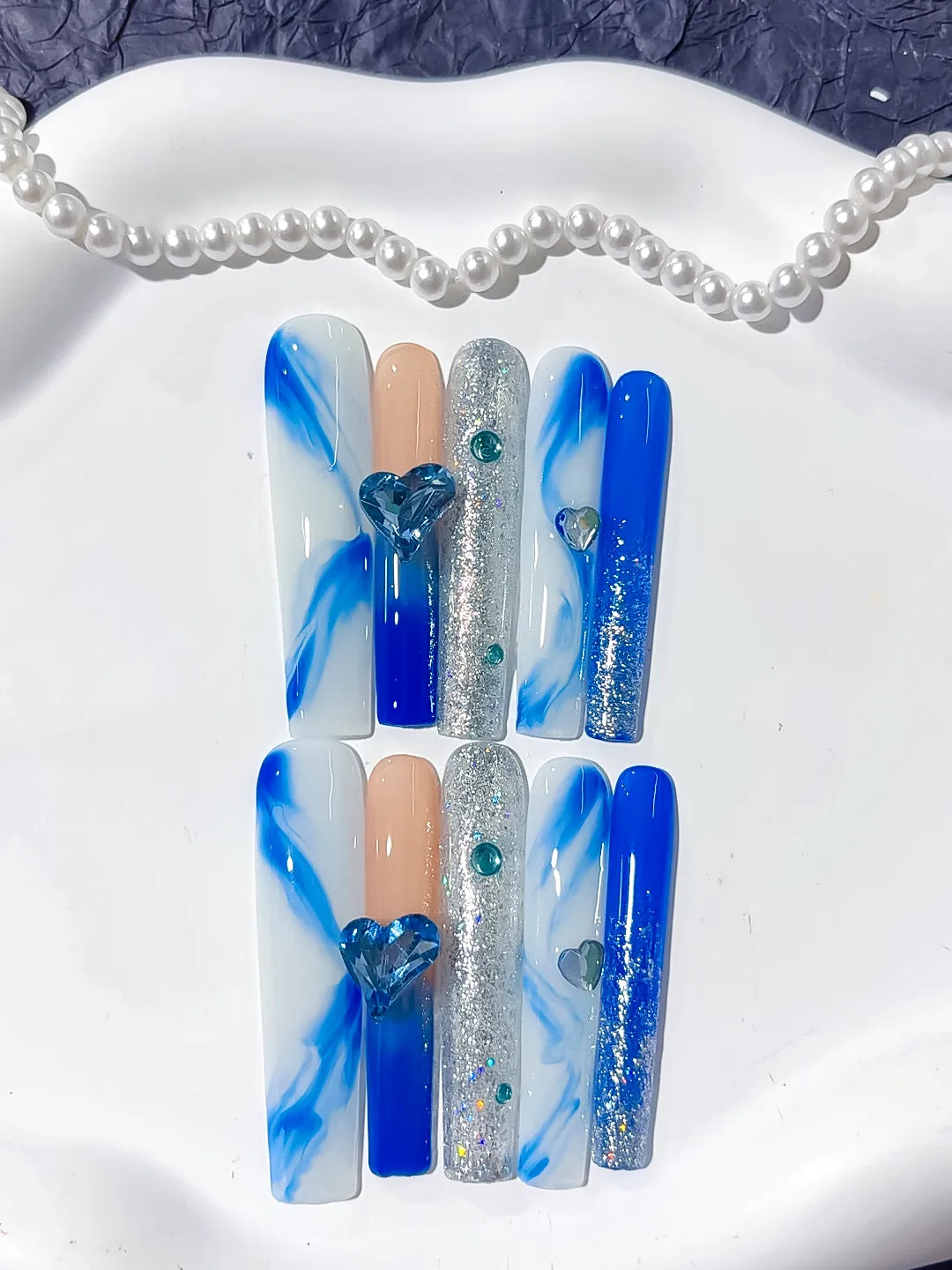 Long Blue White Square Abstract Heart Glitter
