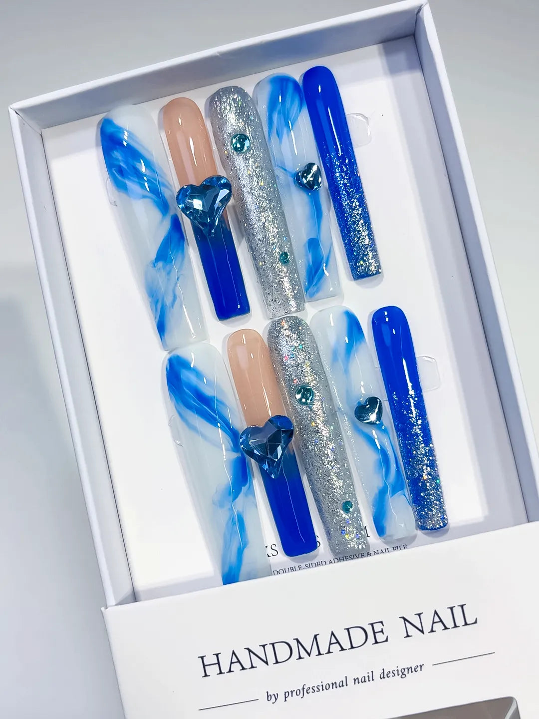 Long Blue White Square Abstract Heart Glitter