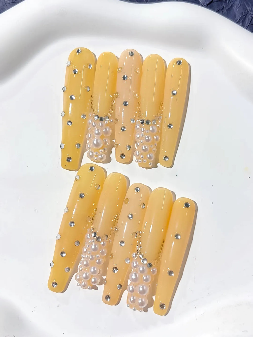 Long Yellow Silver Coffin Solid color Pearl Rhinestone