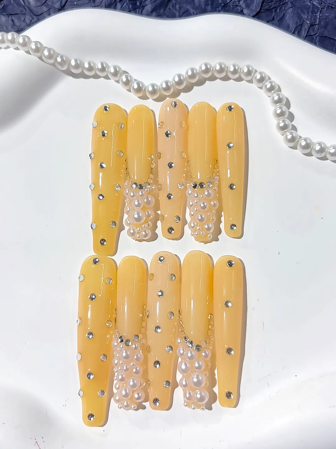 Long Yellow Silver Coffin Solid color Pearl Rhinestone