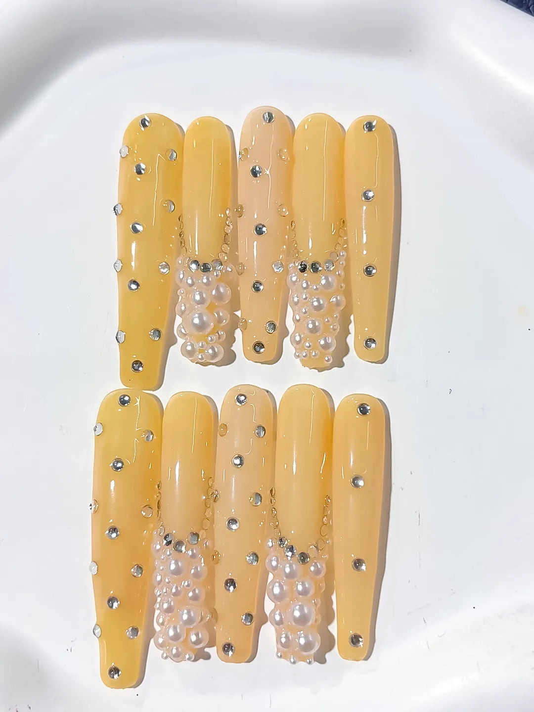 Long Yellow Silver Coffin Solid color Pearl Rhinestone