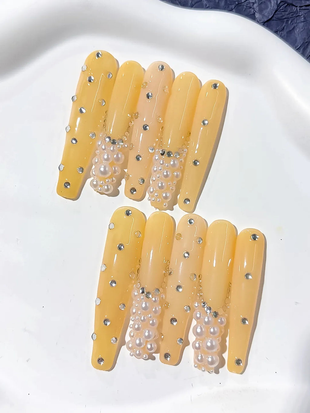 Long Yellow Silver Coffin Solid color Pearl Rhinestone