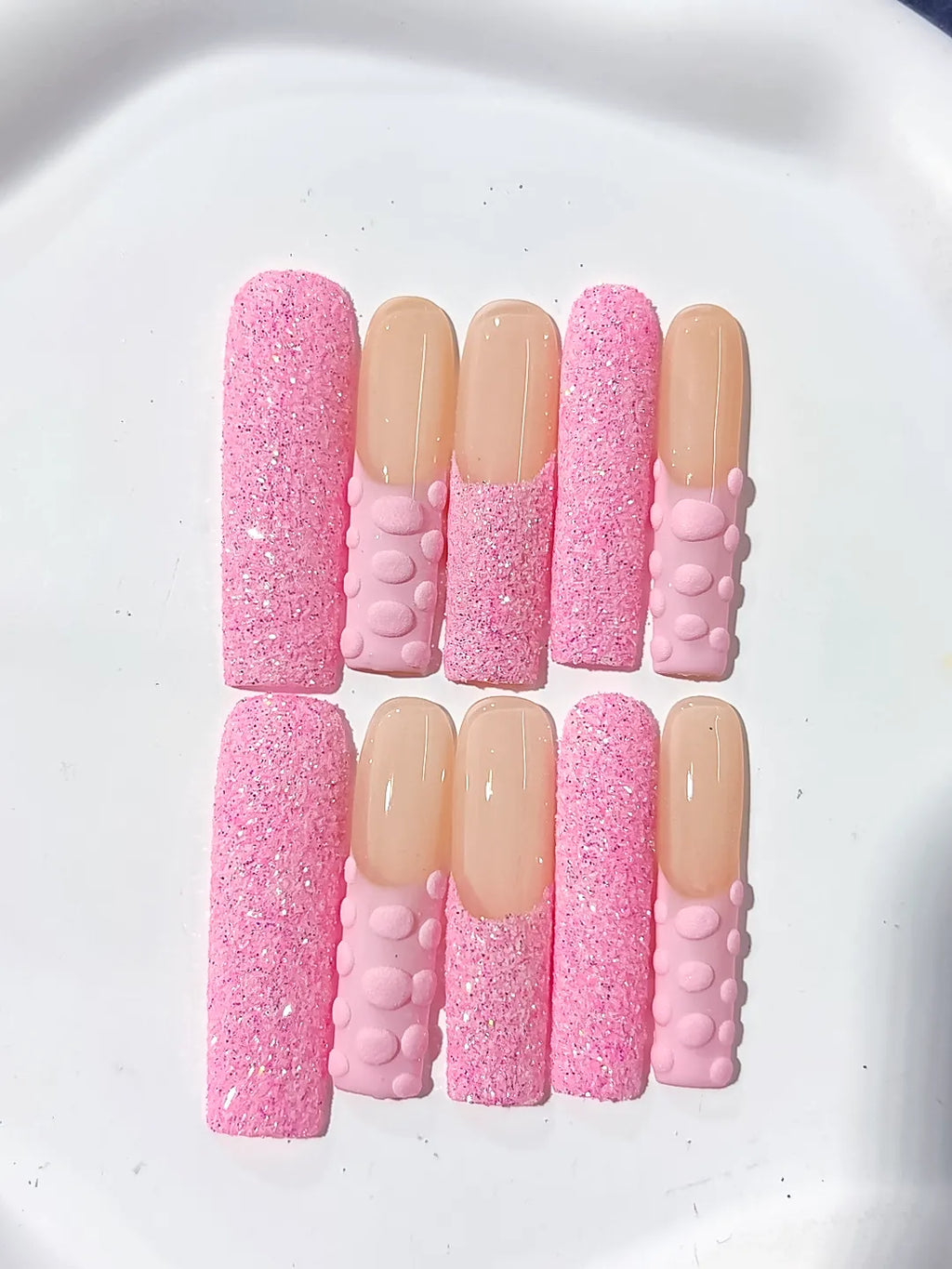Long Pink Nude Square Glitter 3D Texture