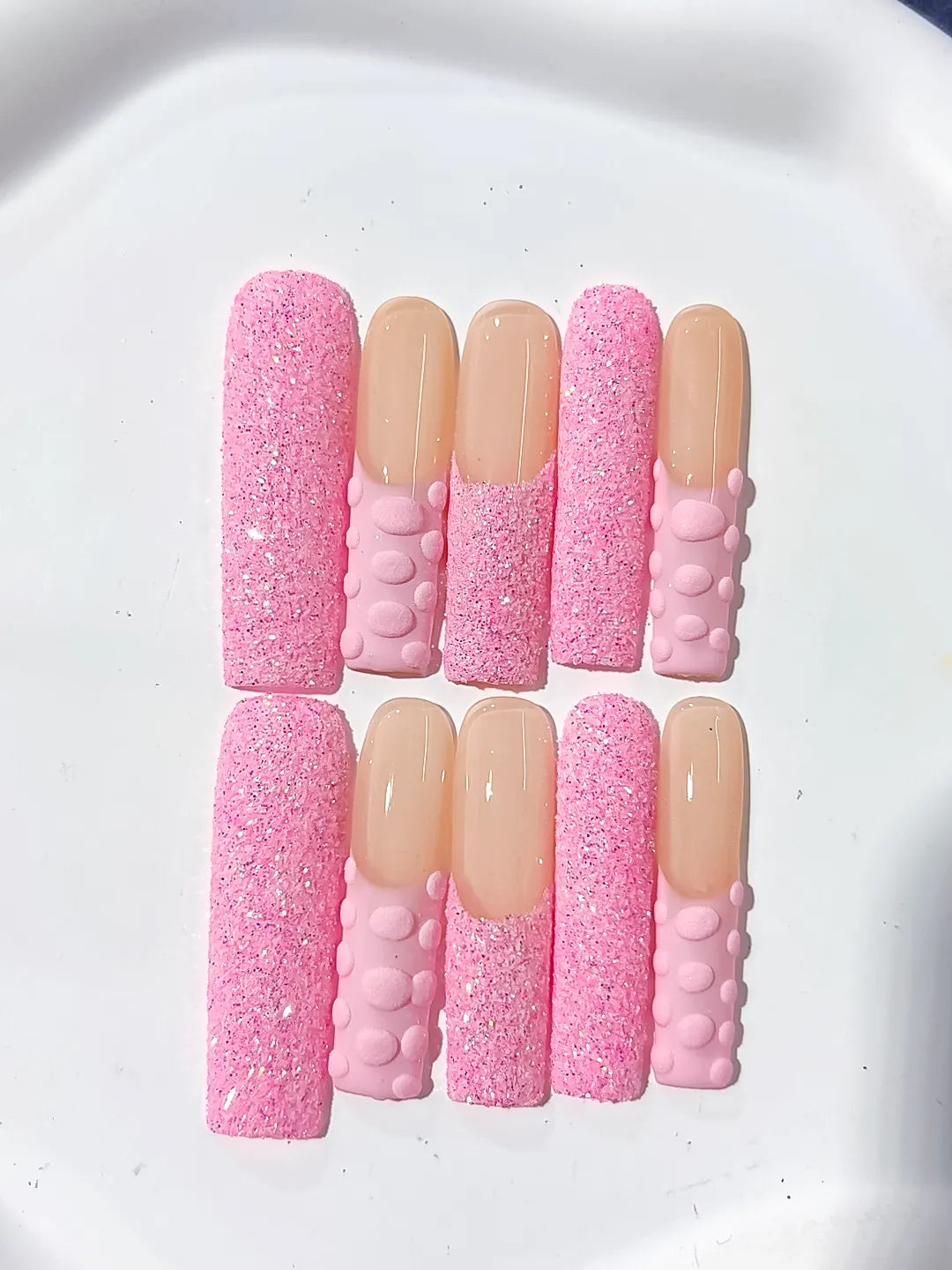 Long Pink Nude Square Glitter 3D Texture