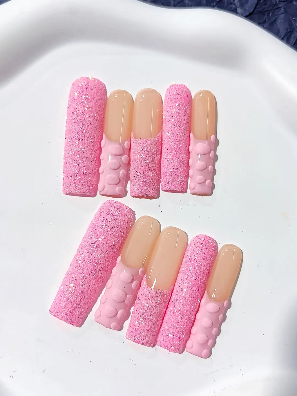 Long Pink Nude Square Glitter 3D Texture