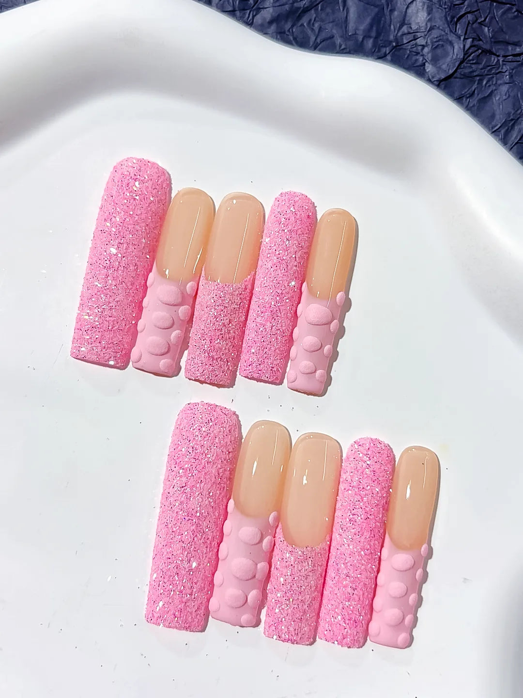 Long Pink Nude Square Glitter 3D Texture