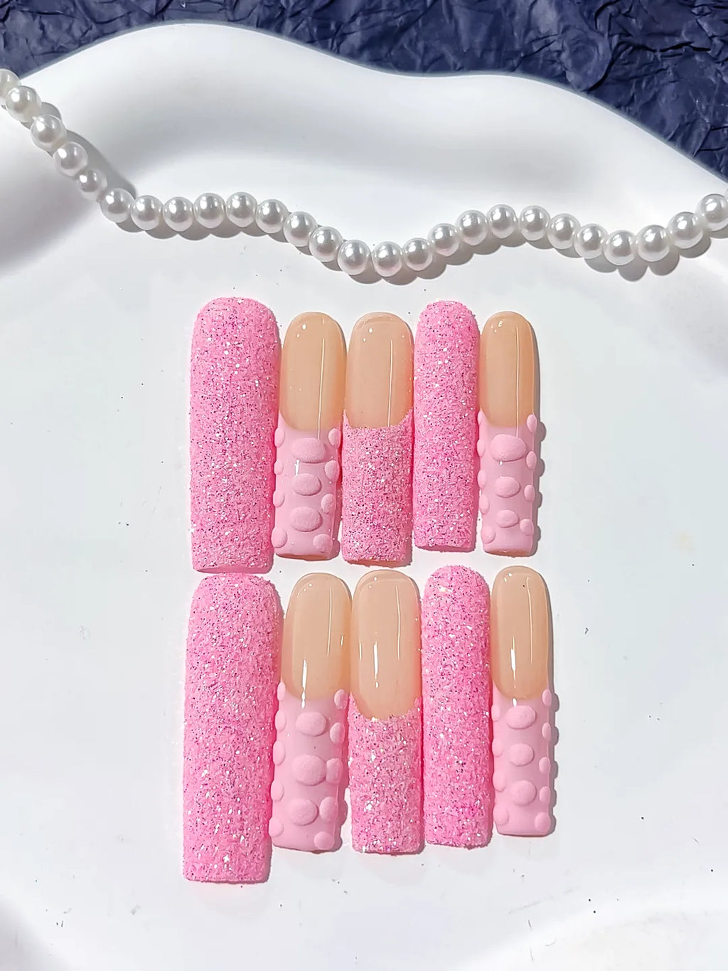 Long Pink Nude Square Glitter 3D Texture