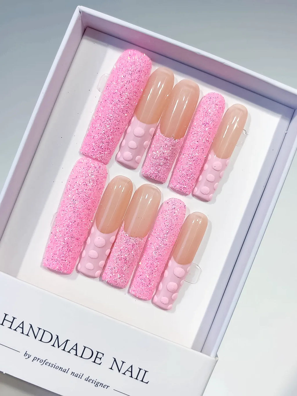 Long Pink Nude Square Glitter 3D Texture