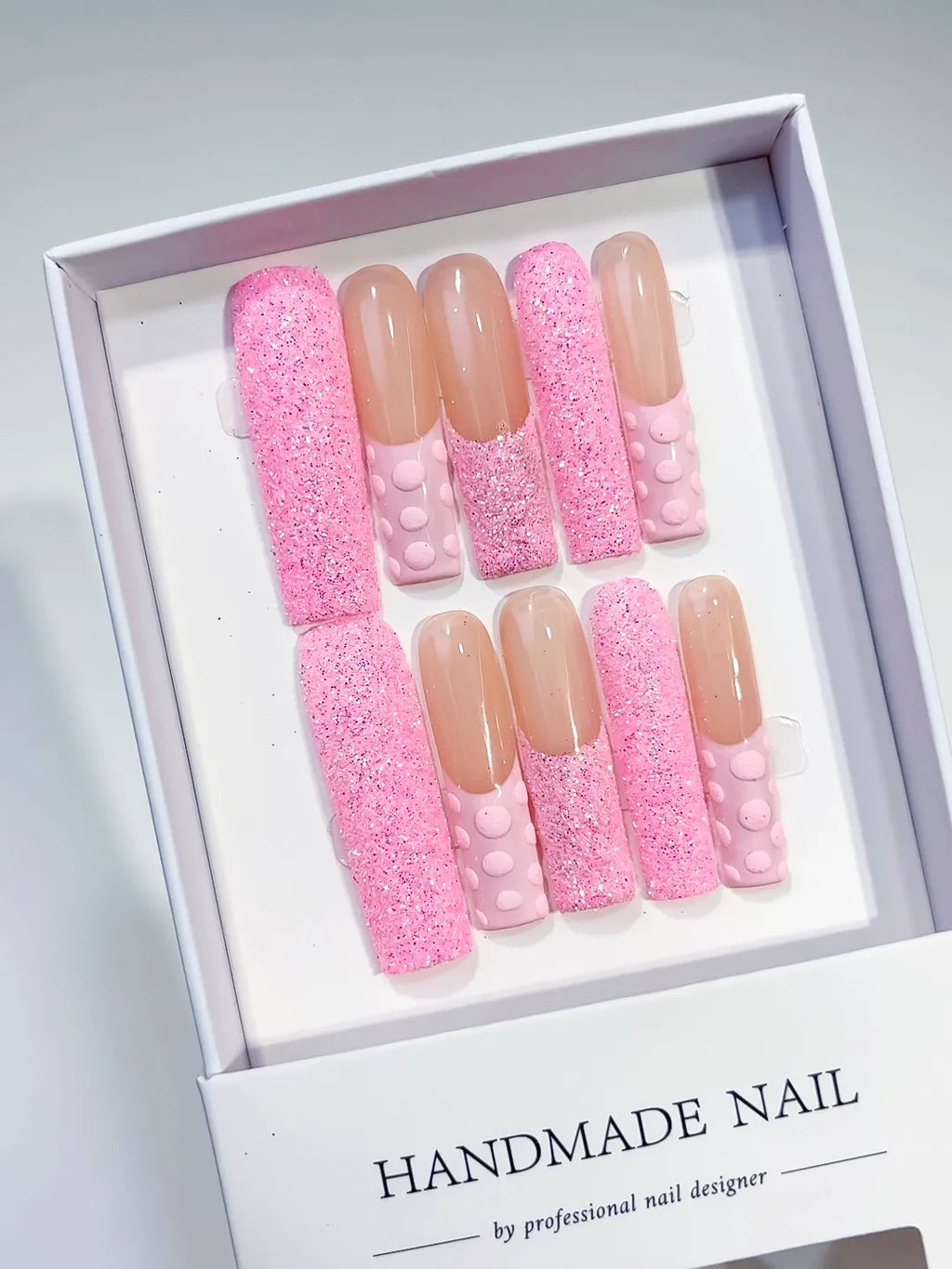 Long Pink Nude Square Glitter 3D Texture