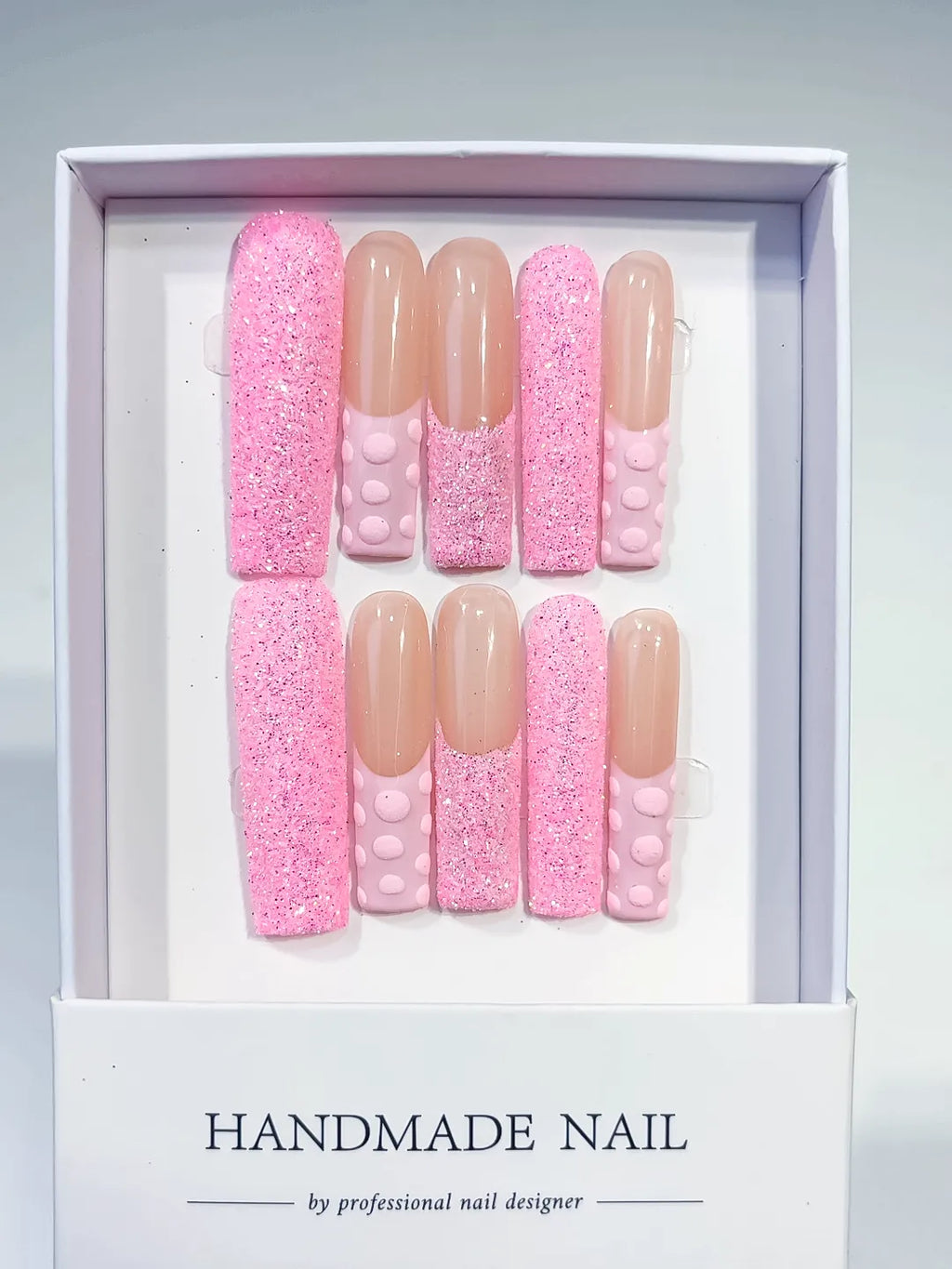 Long Pink Nude Square Glitter 3D Texture