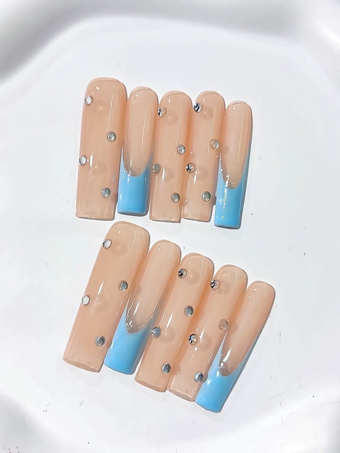 Long Nude Blue Square French tip Rhinestone