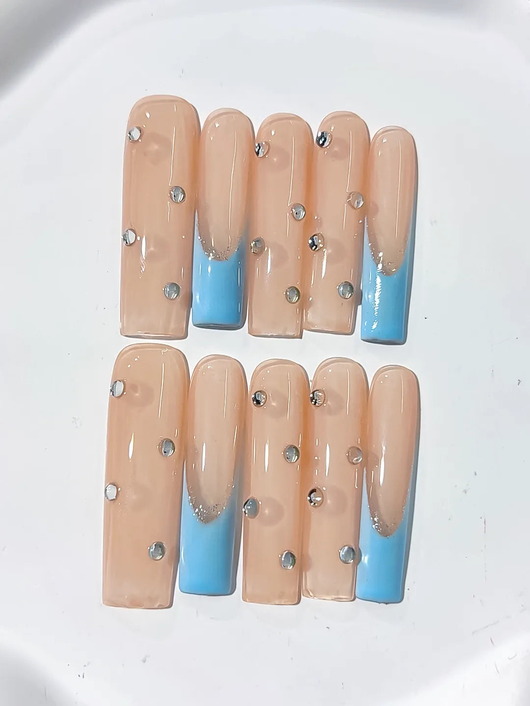 Long Nude Blue Square French tip Rhinestone
