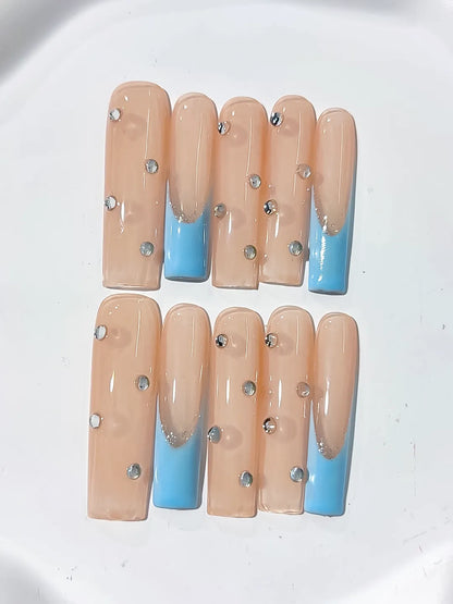 Long Nude Blue Square French tip Rhinestone