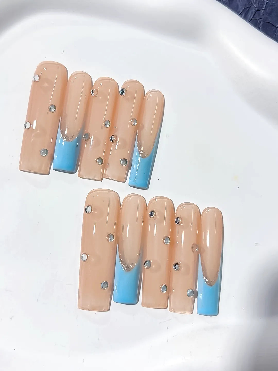Long Nude Blue Square French tip Rhinestone