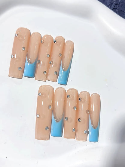 Long Nude Blue Square French tip Rhinestone