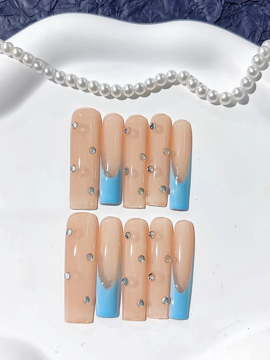 Long Nude Blue Square French tip Rhinestone