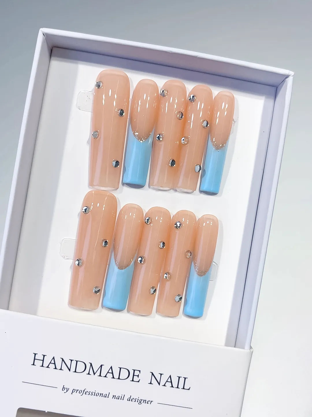 Long Nude Blue Square French tip Rhinestone