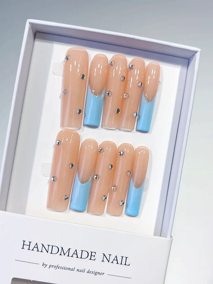 Long Nude Blue Square French tip Rhinestone