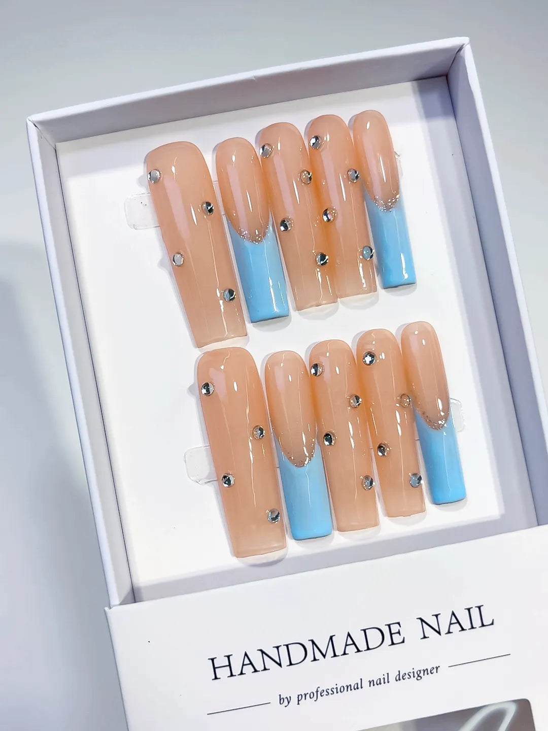 Long Nude Blue Square French tip Rhinestone