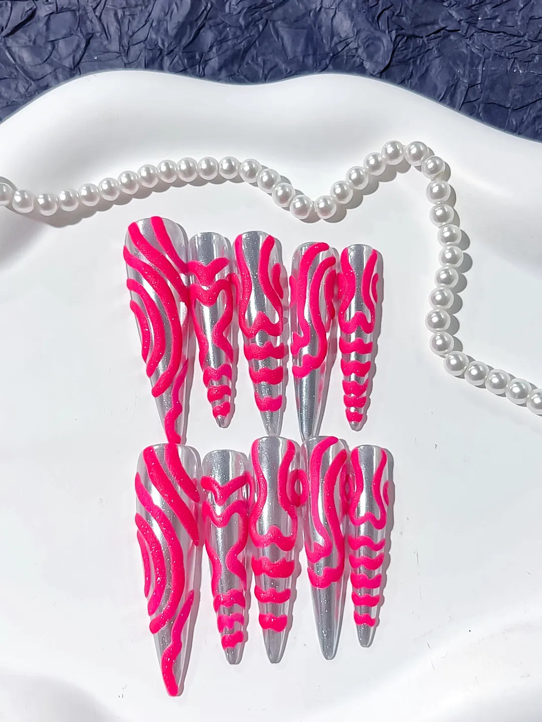 Long Silver Pink Stiletto Metallic 3D Texture