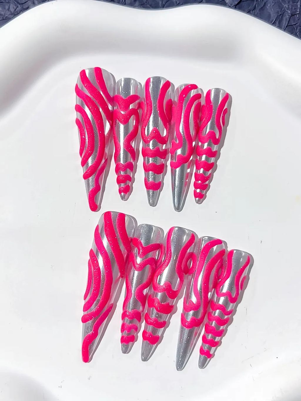 Long Silver Pink Stiletto Metallic 3D Texture