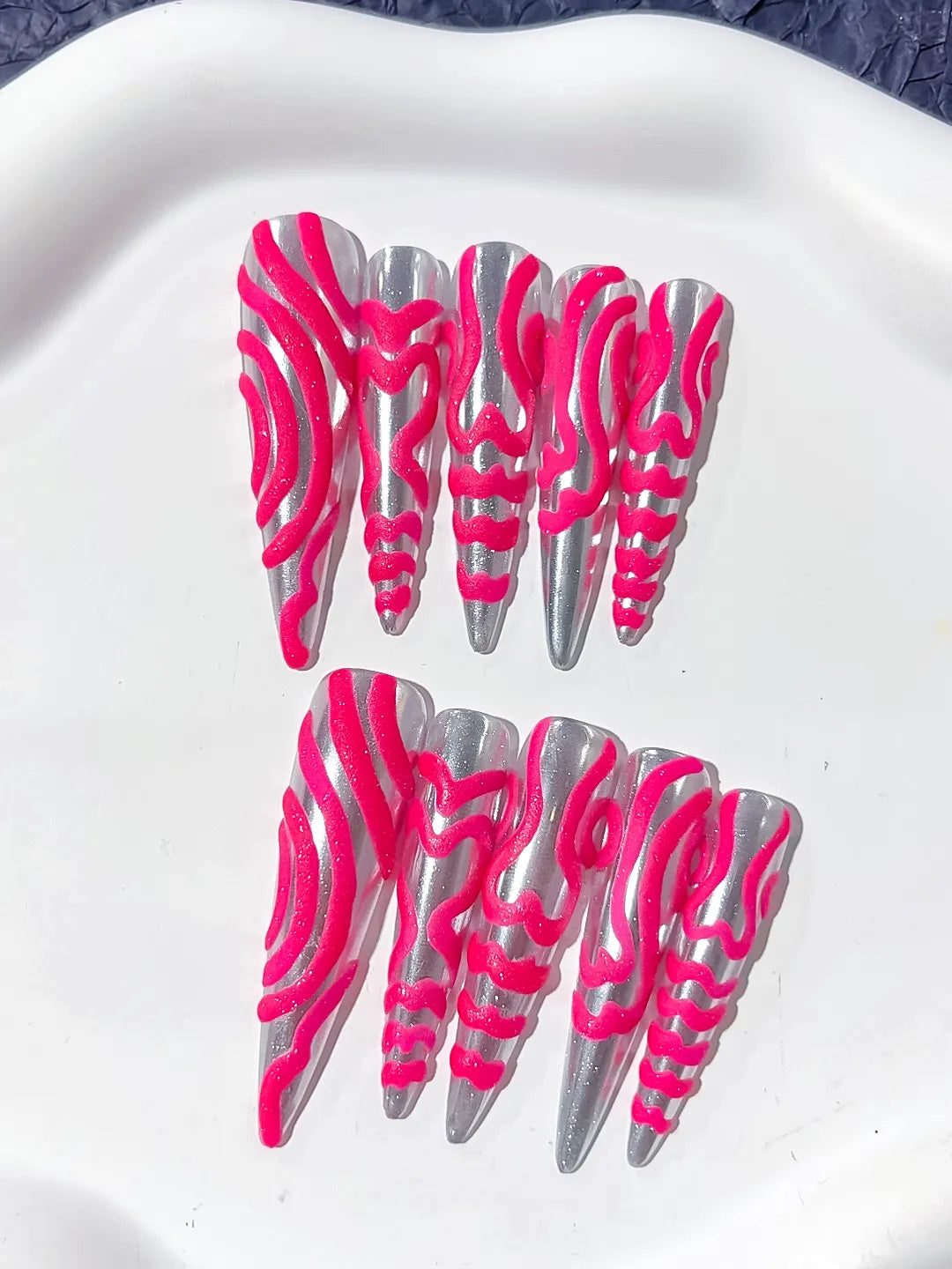 Long Silver Pink Stiletto Metallic 3D Texture