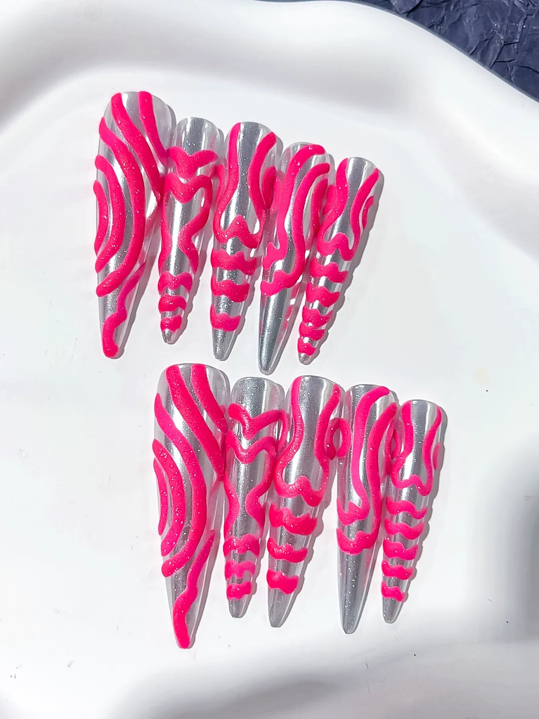 Long Silver Pink Stiletto Metallic 3D Texture