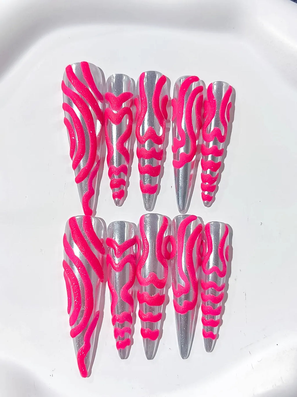 Long Silver Pink Stiletto Metallic 3D Texture