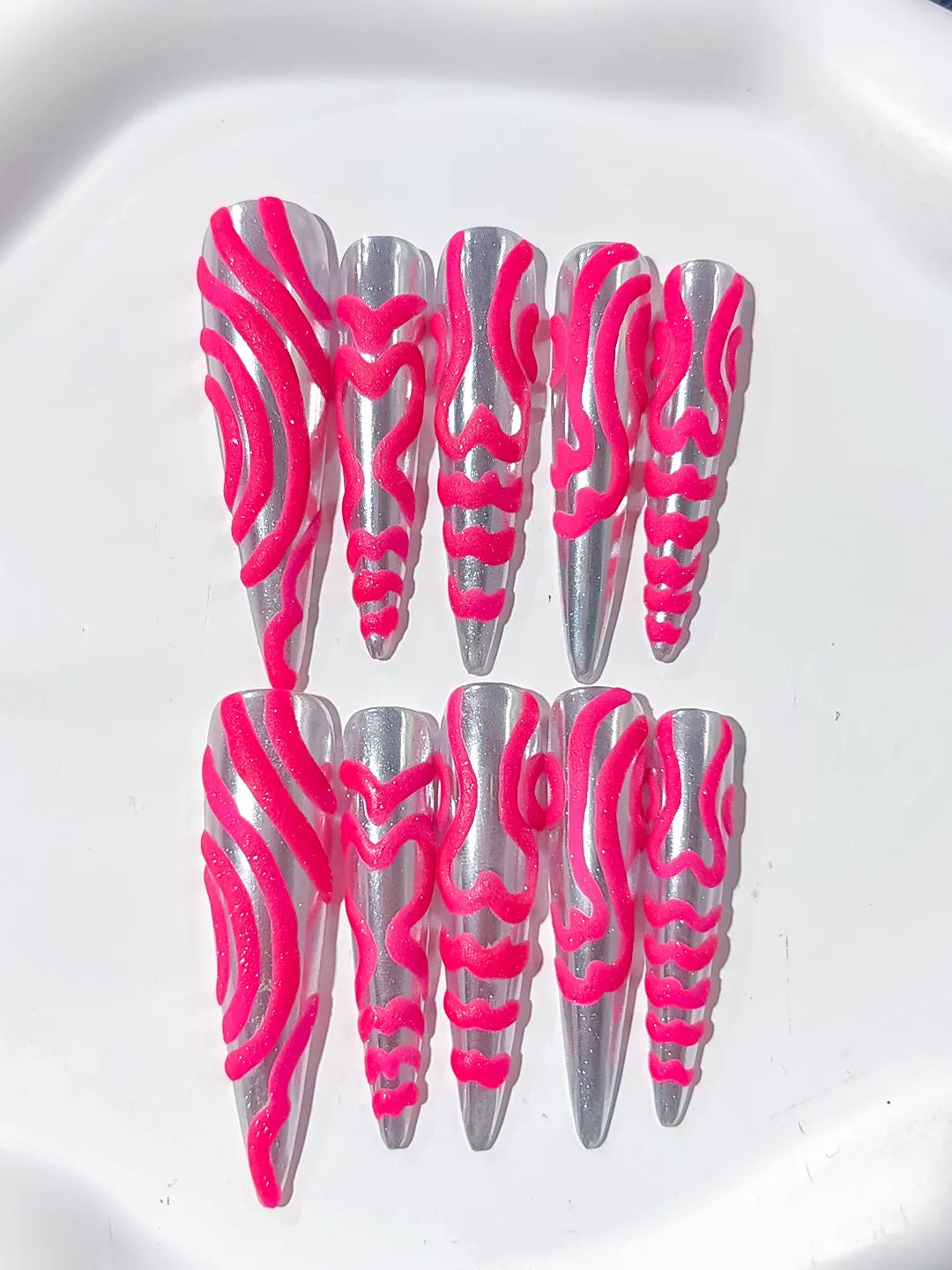 Long Silver Pink Stiletto Metallic 3D Texture